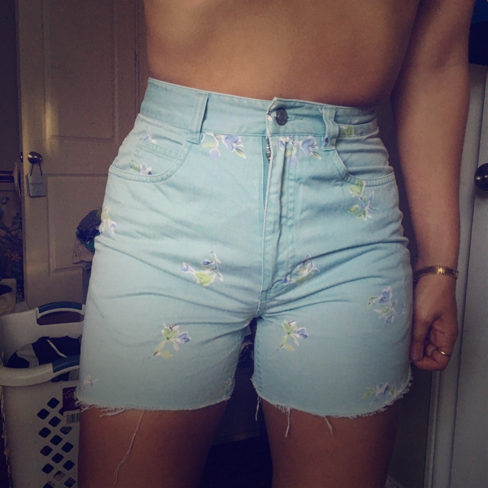 Pastel Blue Flower Denim High waist Cut off shorts